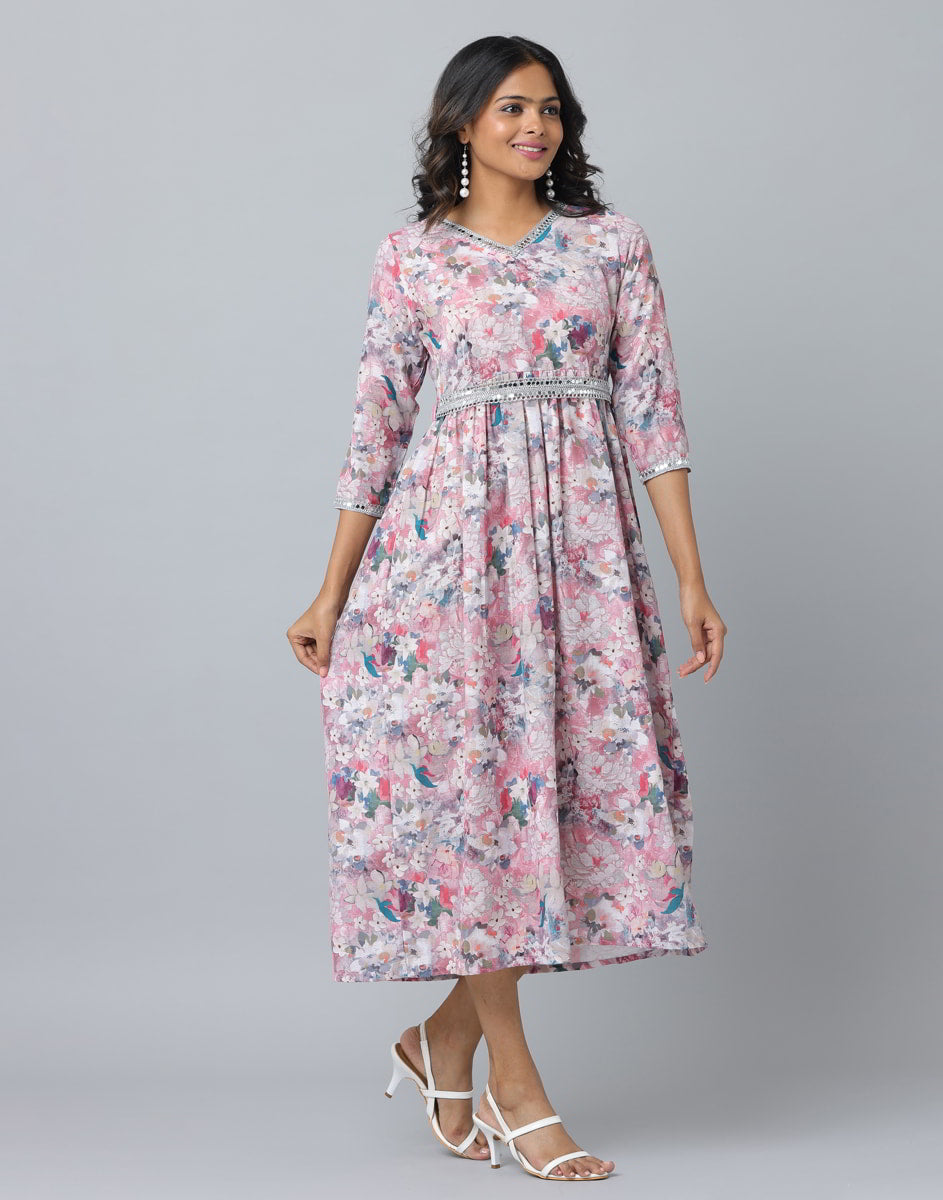 Floral Print 3/4 Sleeve Ethnic Dress