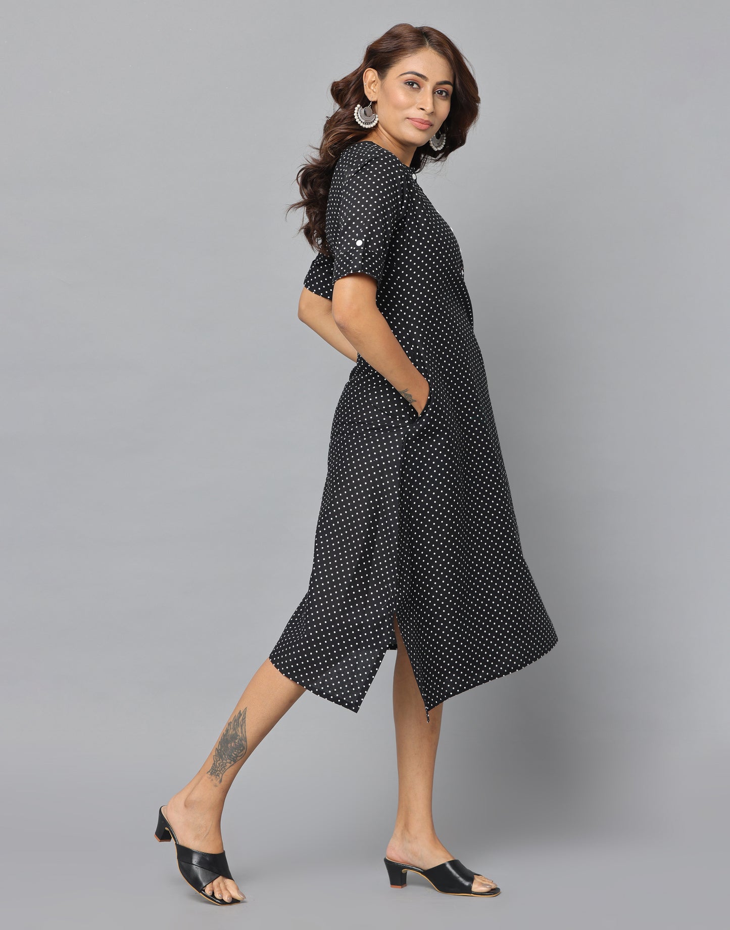 Polka Dot Casual Fit Side Slit Half Sleeve A Line Dress