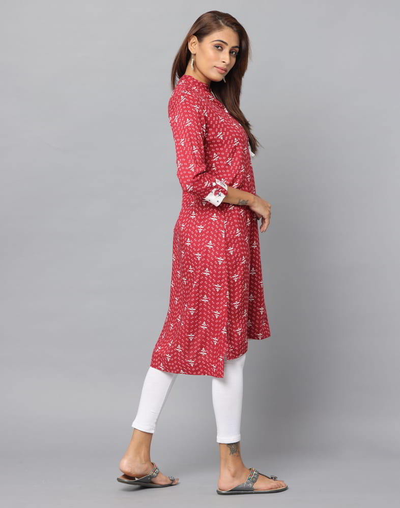 Floral Print Mandarin Collar Slim Fit 3/4th Sleeve Kurta