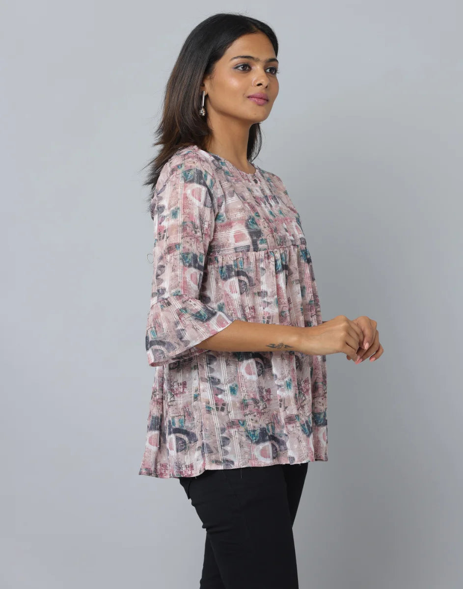 Anavarana Printed Frock Style Short Top WIth 3/4 Frilled End Sleeve