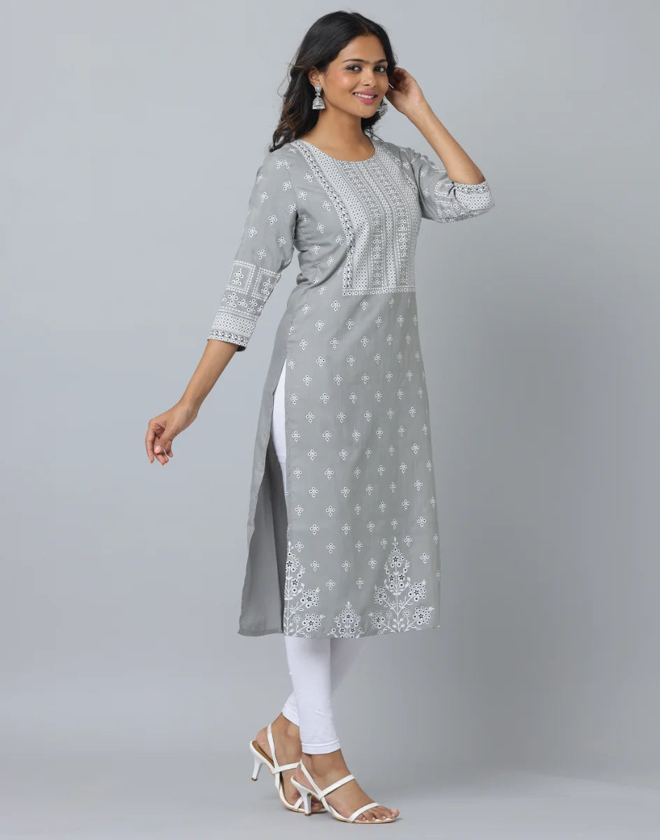 Floral Print Slim Fit 3/4th Sleeve Kurta