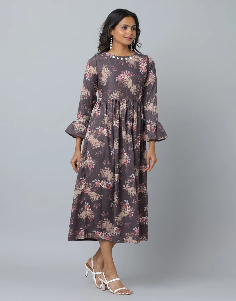 Floral Print Slim Fit Long Flared Sleeve Casual Dress