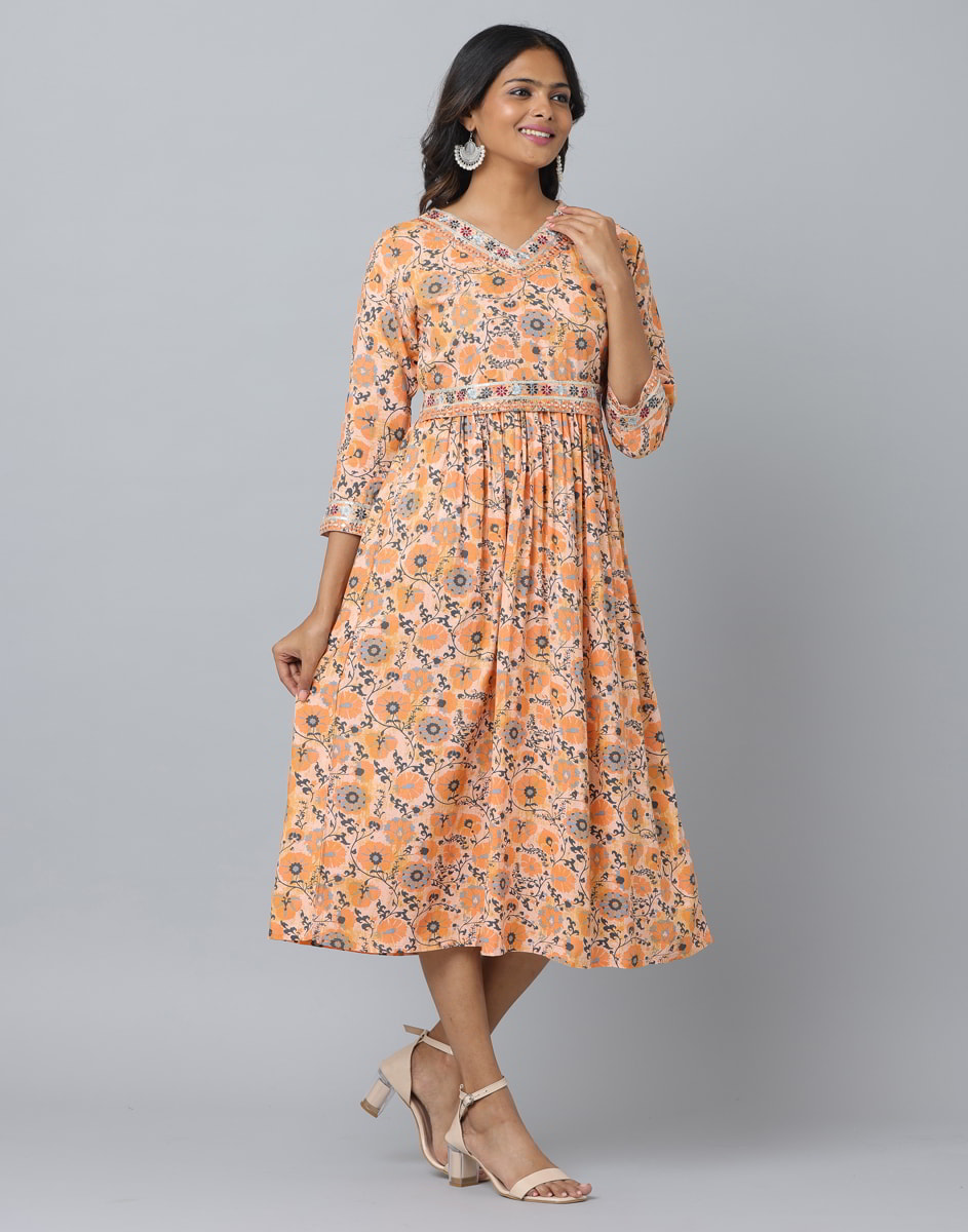 Floral Print 3/4 Sleeve Ethnic Dress