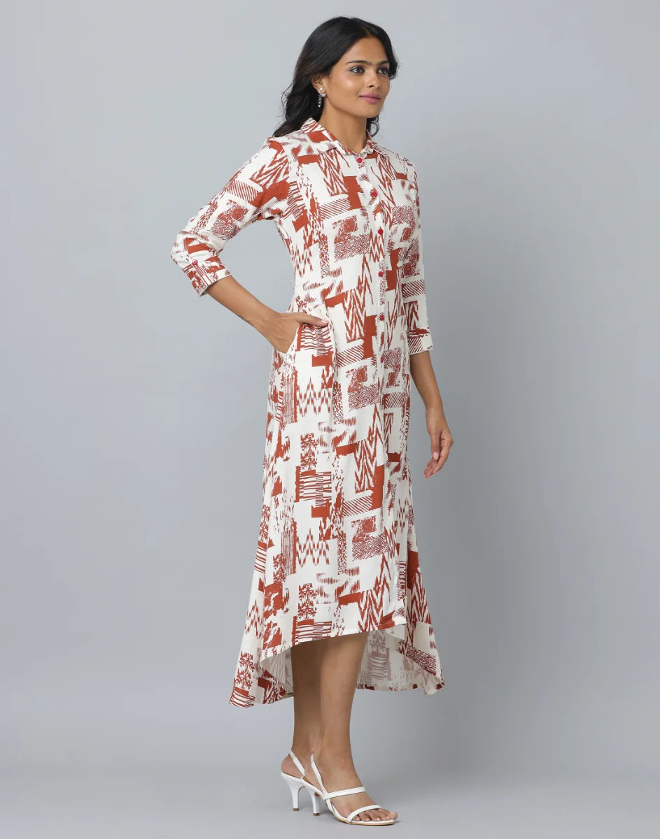 Abstract Print Loose Fit 3/4th Sleeve Dress  With Side Pockets