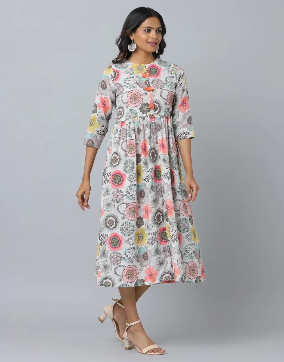 Floral Printed 3/4th Sleeve Casual Dress