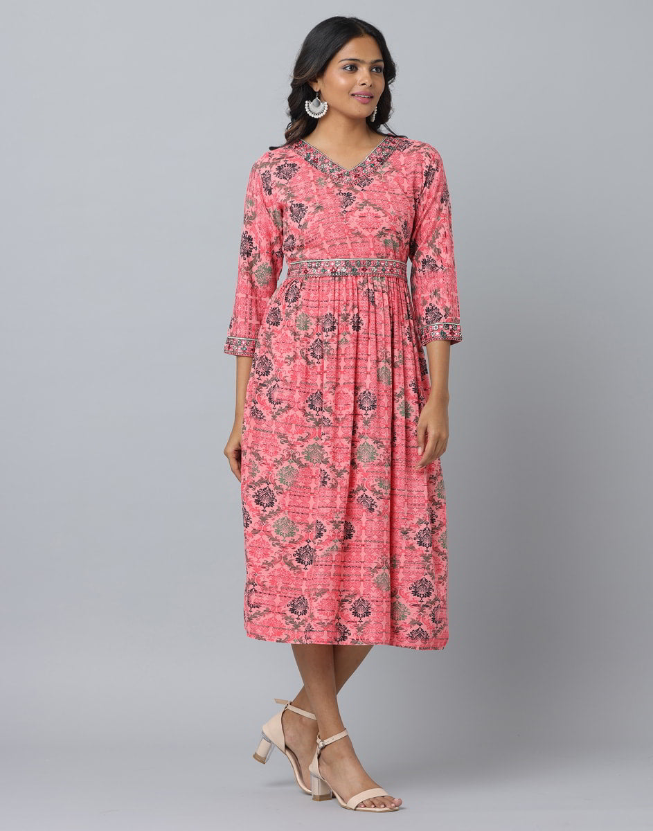 Floral Print 3/4 Sleeve Ethnic Dress