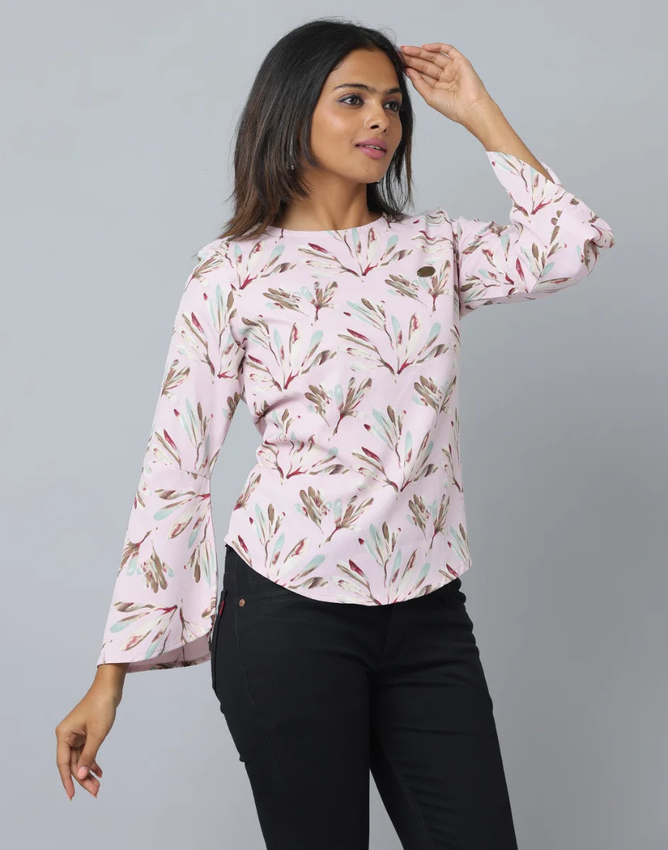 Anavarana Round Neck Floral Print Top WIth Flared with full Sleeves