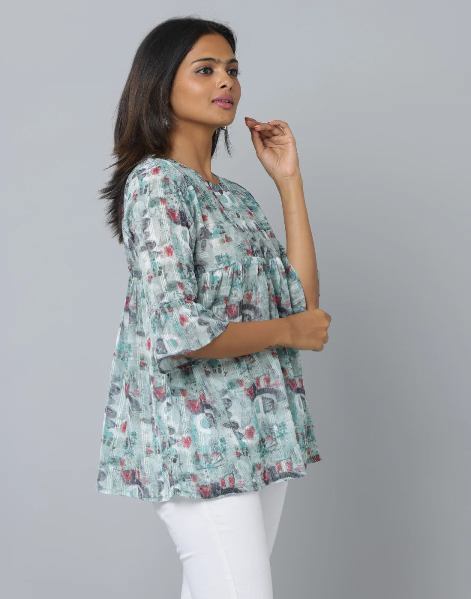 Anavarana Printed Frock Style Short Top WIth 3/4 Frilled End Sleeve