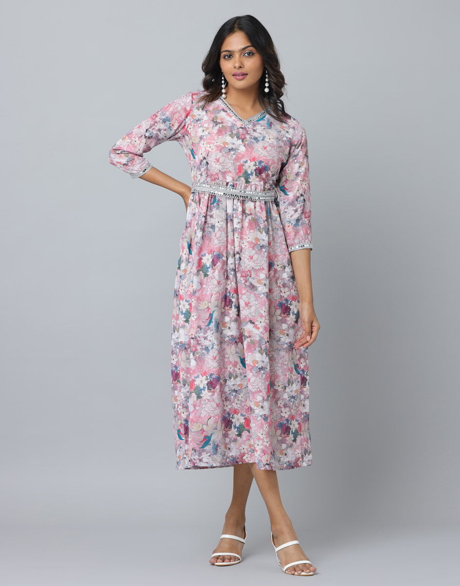 Floral Print 3/4 Sleeve Ethnic Dress