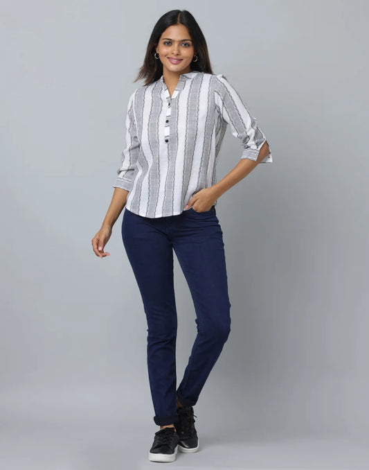 Mandarin Collar Front Placket White & Grey Color Top 