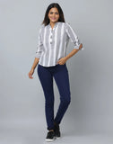 Mandarin Collar Front Placket White & Grey Color Top 