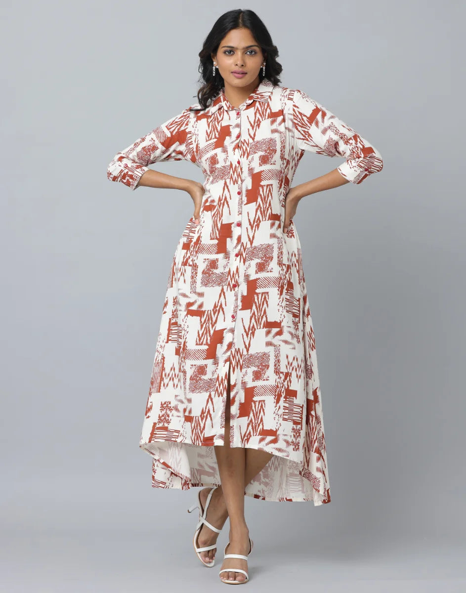 Abstract Print Loose Fit 3/4th Sleeve Dress  With Side Pockets