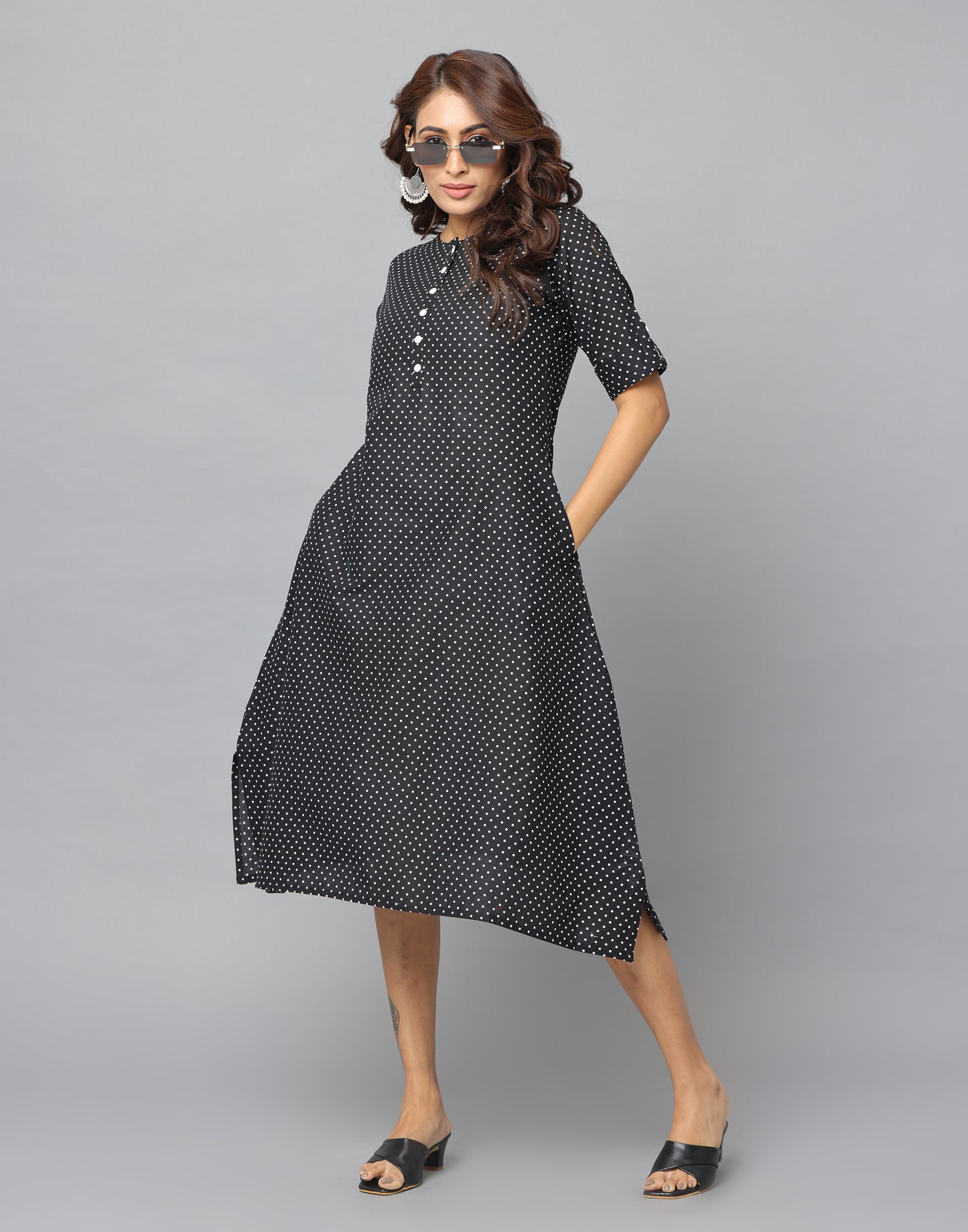 Polka Dot Casual Fit Side Slit Half Sleeve A Line Dress