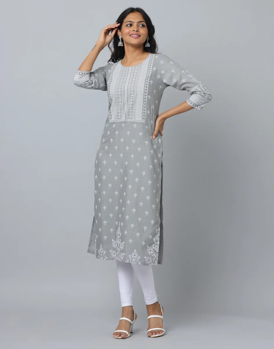 Floral Print Slim Fit 3/4th Sleeve Kurta