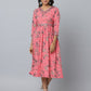 Pink Floral Print 3/4 Sleeve Dress