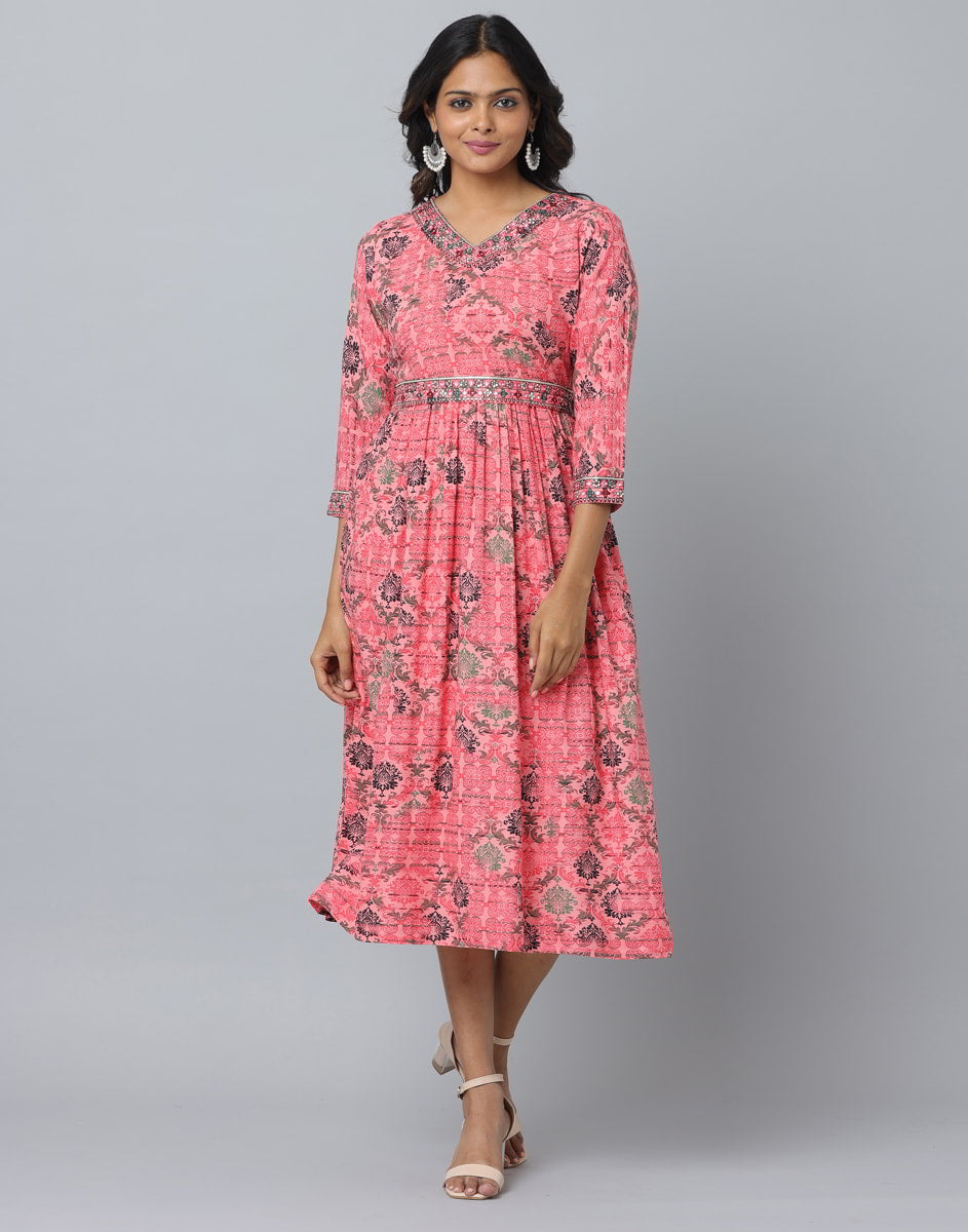 Pink Floral Print 3/4 Sleeve Dress