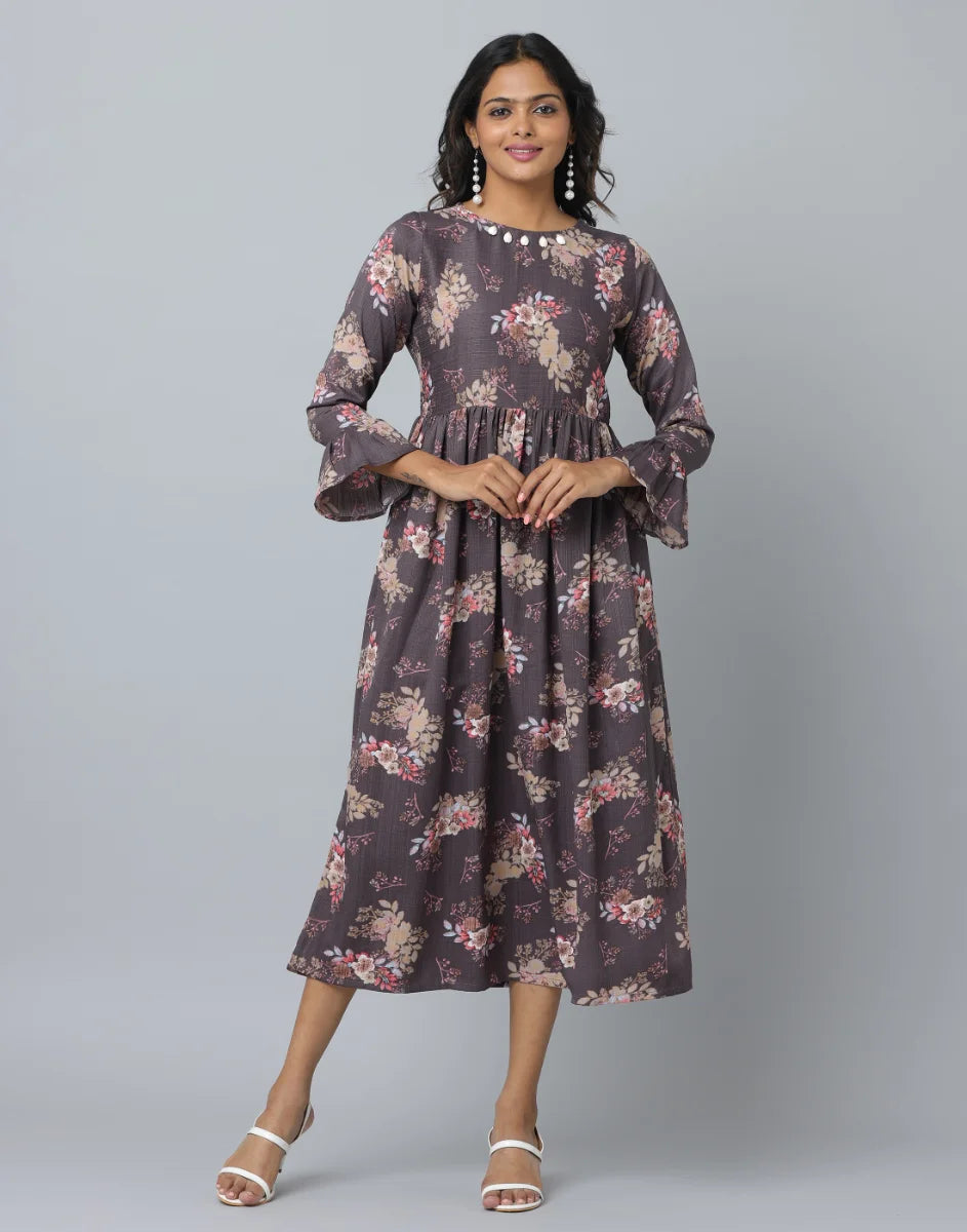 Floral Print Slim Fit Long Flared Sleeve Casual Dress