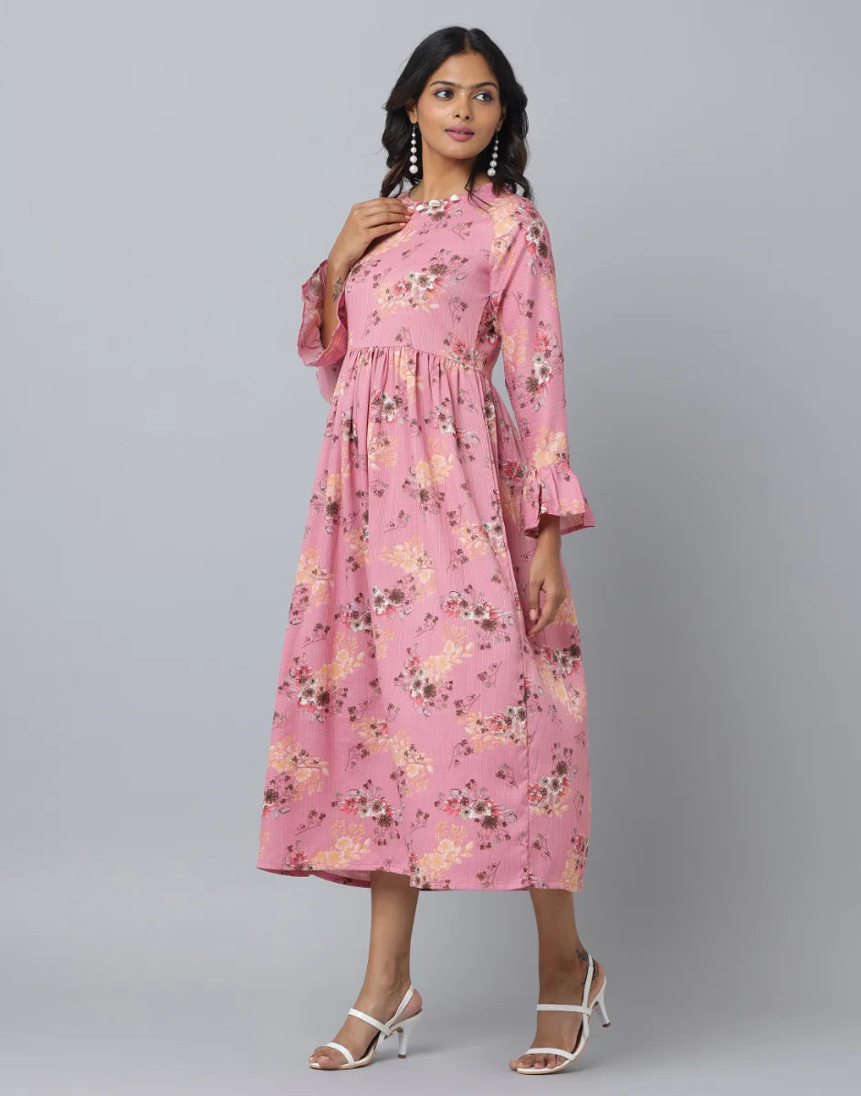 Floral Print Slim Fit Long Flared Sleeve Casual Dress