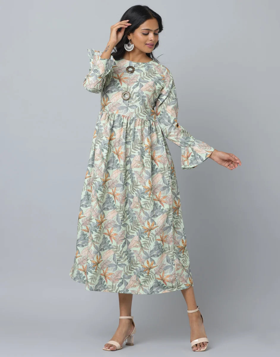 Floral Print Slim Fit Long Flared Sleeve Casual Dress