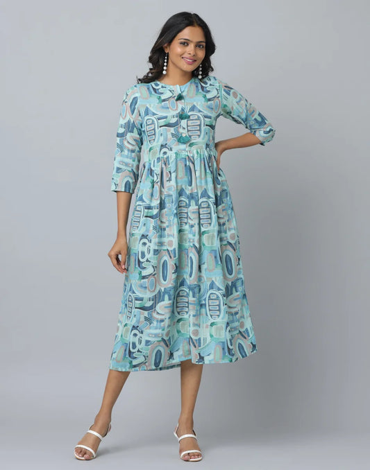 Floral Printed Sky Blue Casual Dress