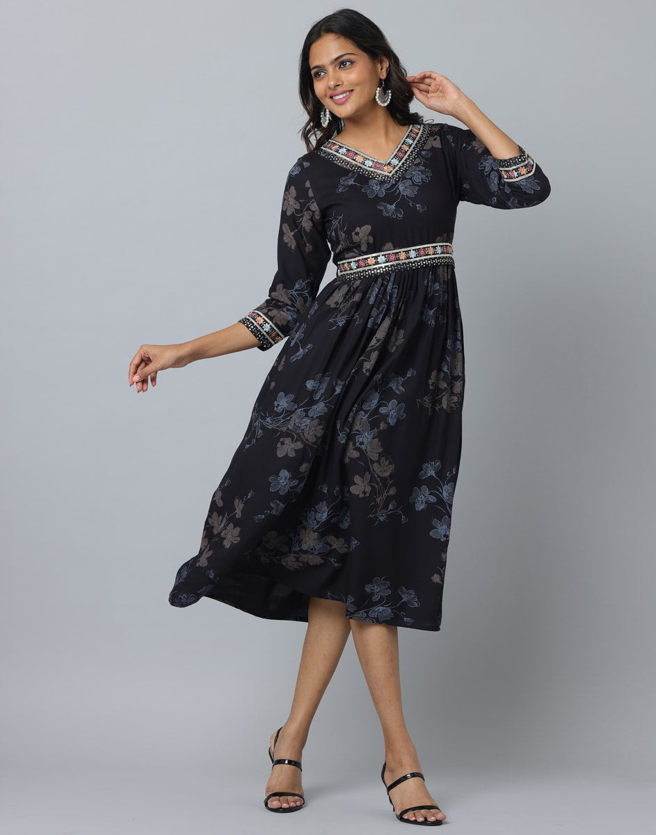 Floral Print V Neck 3/4 Sleeve Dress 